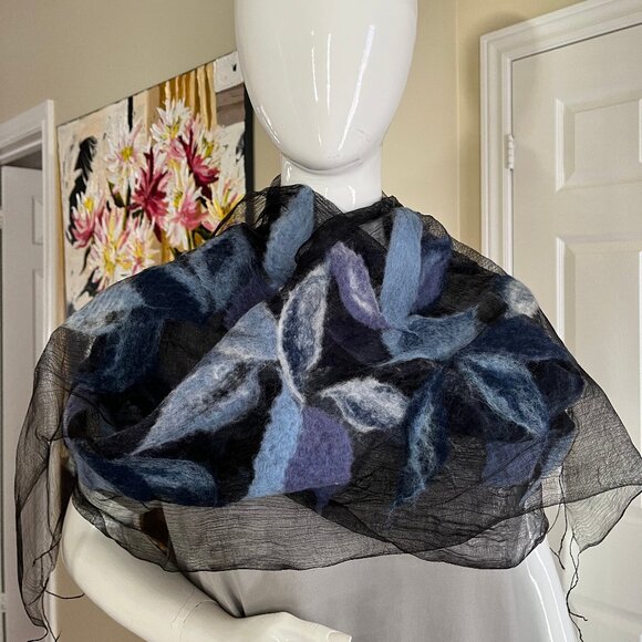 Silk and Felted Wool Scarf - Blues and Black - Picture 4 of 15